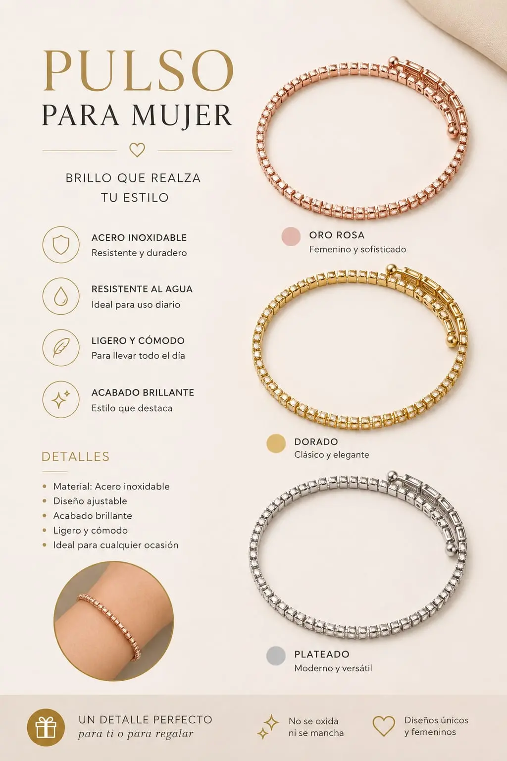 Pulso para mujer en acero inoxidable brillante disponible en variantes oro rosa, dorado y plateado con diseño ajustable.