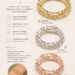 Pulso de tres vueltas en acero inoxidable con pedrería brillante. Variantes en dorado, plateado y oro rosa, con detalle de uso en la muñeca.