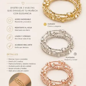 Pulso de tres vueltas en acero inoxidable con pedrería brillante. Variantes en dorado, plateado y oro rosa, con detalle de uso en la muñeca.
