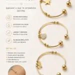 Tres pulseras de acero inoxidable doradas con dijes de estrella, corazón y corona, de diseño abierto, acabado brillante y ajustable.