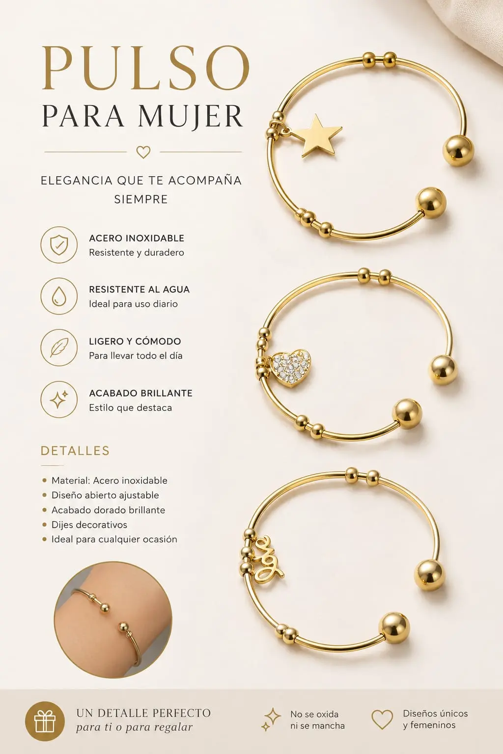 Tres pulseras de acero inoxidable doradas con dijes de estrella, corazón y corona, de diseño abierto, acabado brillante y ajustable.