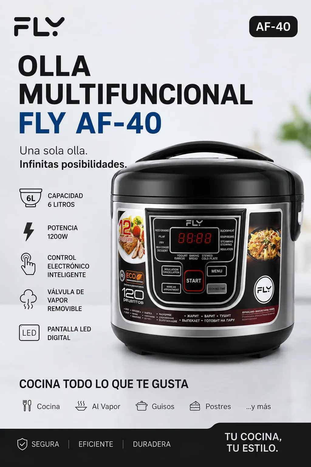 Olla multifuncional eléctrica de 6 litros Fly - Cocina porciones familiares con precisión - Imagen 2