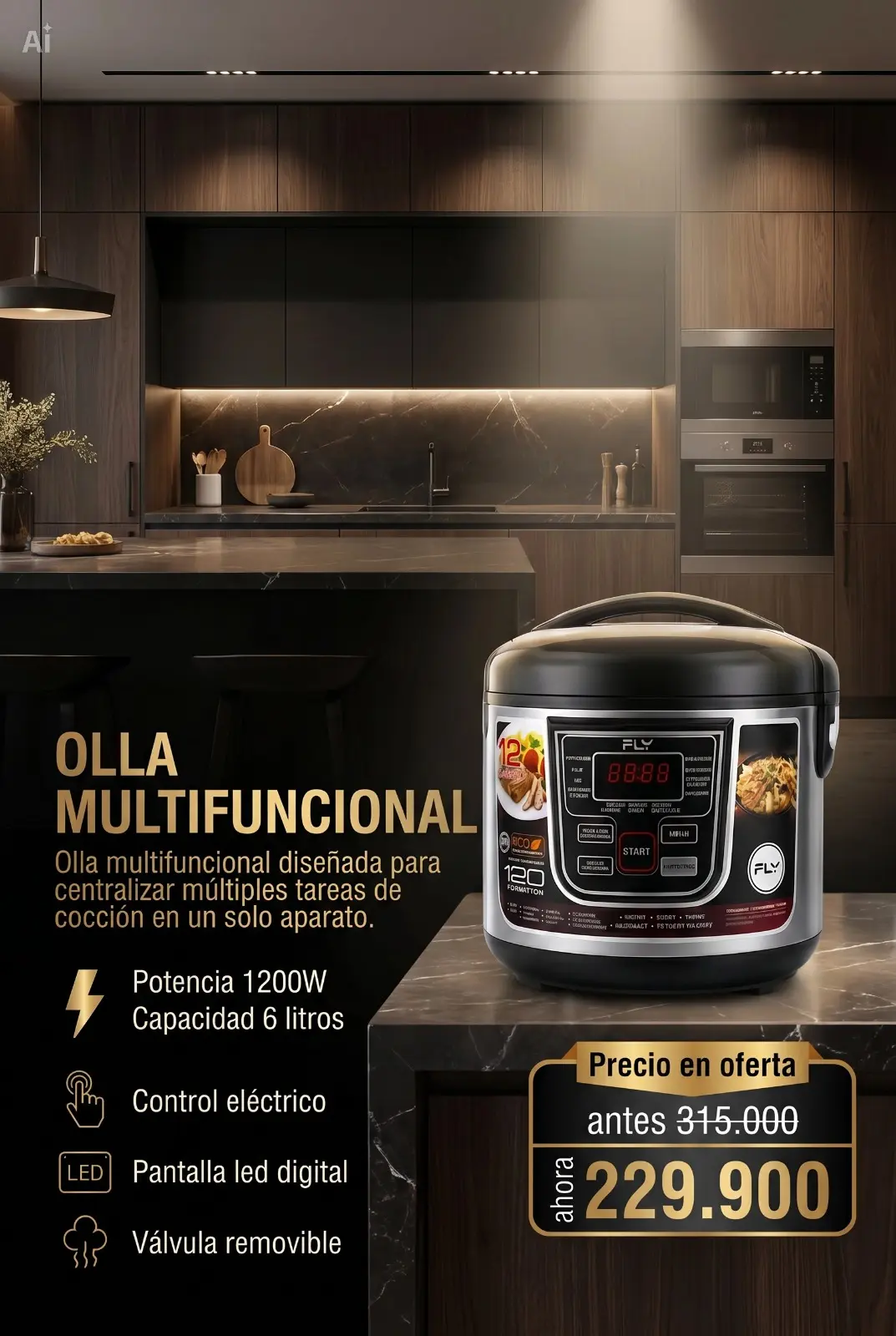 Olla multifuncional eléctrica de 6 litros Fly - Cocina porciones familiares con precisión