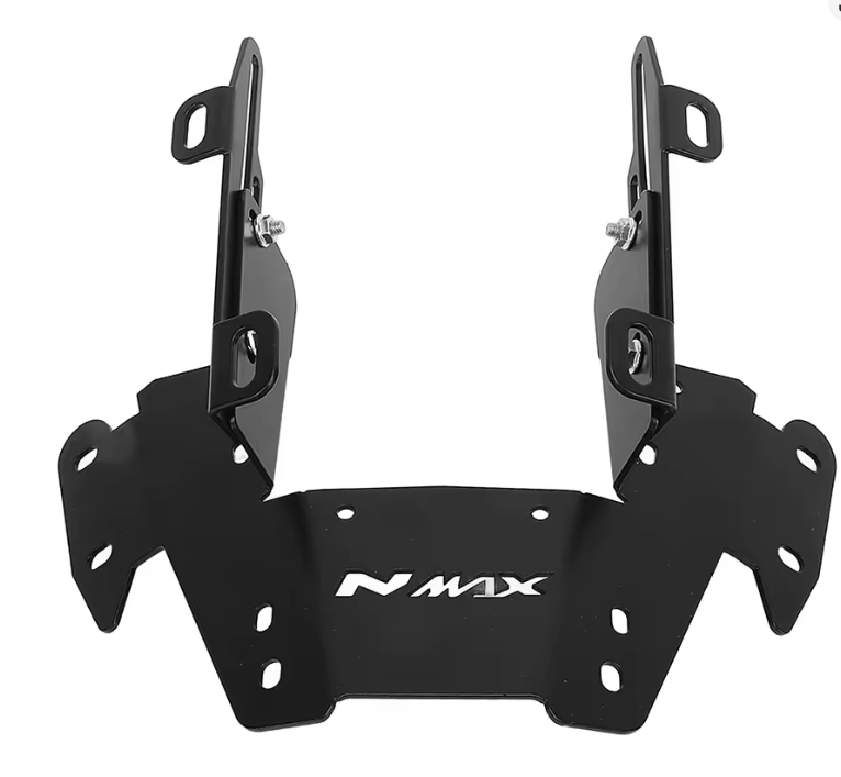 Soporte metálico negro para cúpula Yamaha NMAX con logotipo blanco en la base y brazos verticales con orificios de montaje.