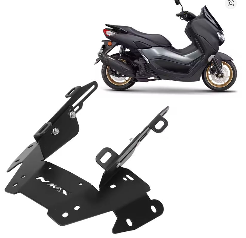 Soporte metálico negro para cúpula de Yamaha NMAX con base perforada y brazos laterales ajustables para reducir vibraciones en carretera