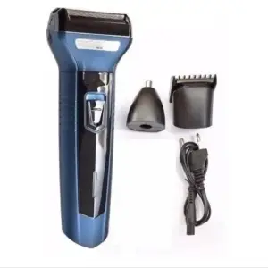 Afeitadora eléctrica azul inalámbrica con cabezal de lámina, dos accesorios intercambiables para nariz y barba, y cable de carga negro.