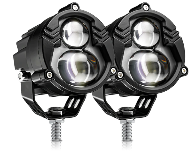 Par de faros exploradores LED circulares negros para moto, con doble lente de proyección, soporte metálico y tornillo de montaje inferiores.