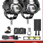 Dos faros exploradores LED negros para moto, con doble lente de proyección, soporte metálico y kit completo de cableado, relé y interruptores.