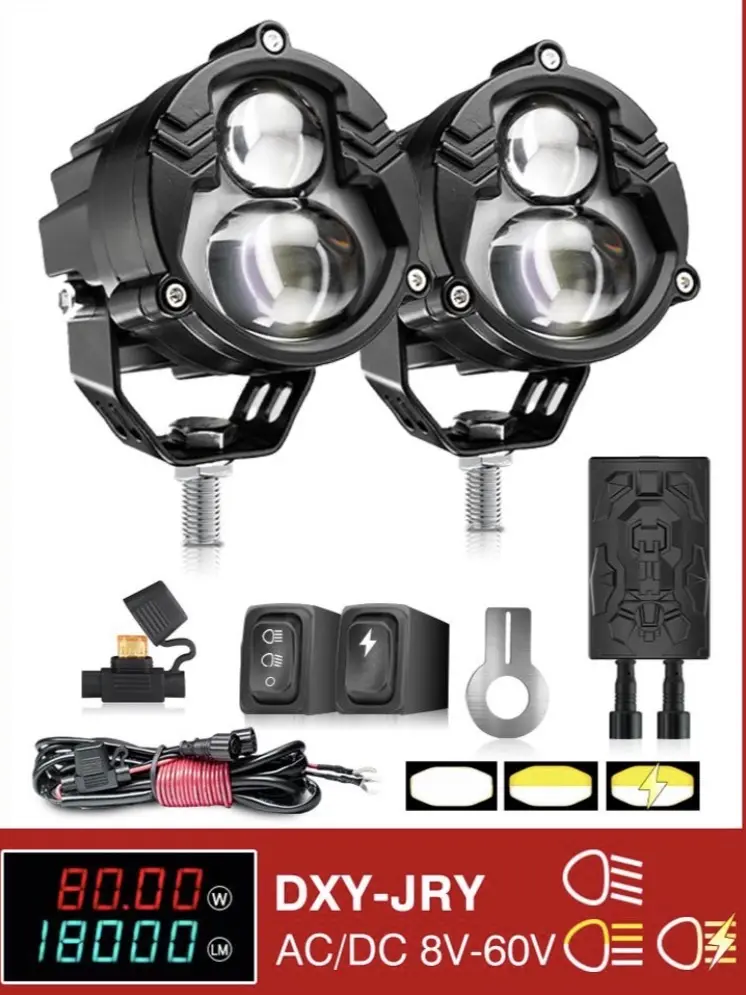 Dos faros exploradores LED negros para moto, con doble lente de proyección, soporte metálico y kit completo de cableado, relé y interruptores.