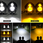 Faro explorador LED para moto con luz blanca y luz amarilla antiniebla, mostrando los tres modos de iluminación y su haz de luz en carretera.