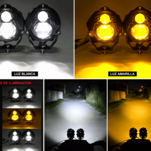 Faro explorador LED para moto con luz blanca y luz amarilla antiniebla, mostrando los tres modos de iluminación y su haz de luz en carretera.