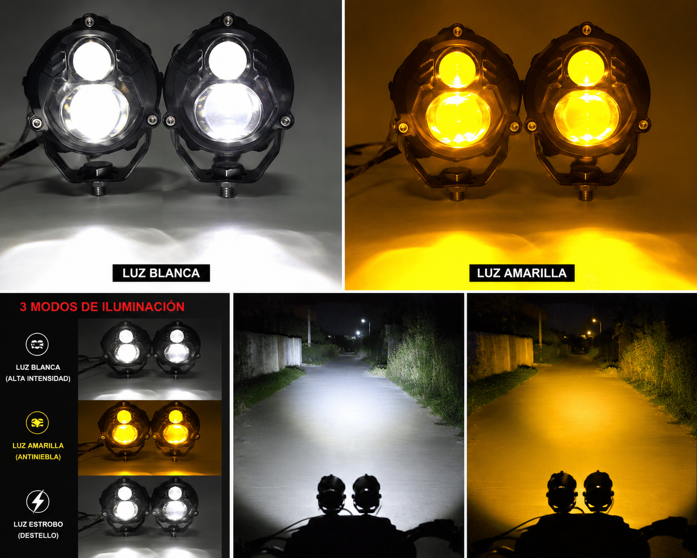 Faro explorador LED para moto con luz blanca y luz amarilla antiniebla, mostrando los tres modos de iluminación y su haz de luz en carretera.