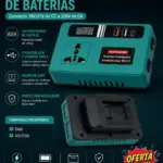 Inversor de baterías color turquesa con pantalla digital, salida 220V, dos puertos USB y uno tipo C. Incluye base para baterías de 18V a 21V.