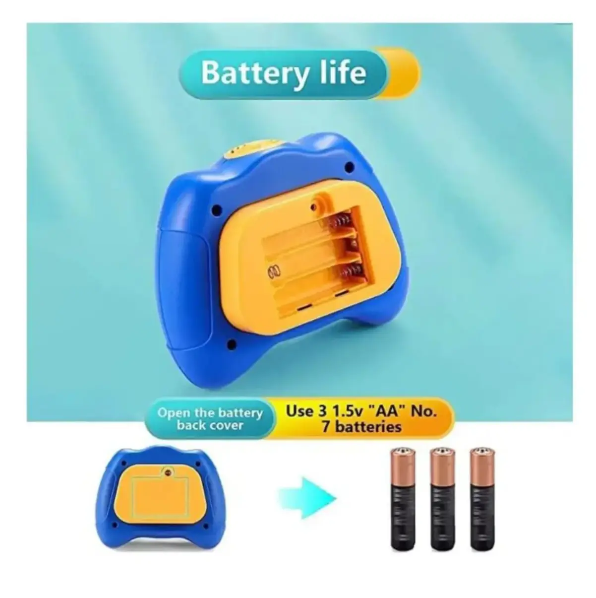 Parte posterior de juguete antiestrés pop de burbujas azul y amarillo con compartimento para tres baterías AA de 1.5v.