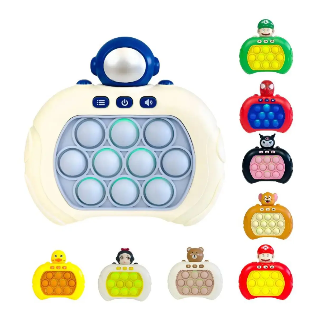 Juego pop de burbujas electrónico con luces y sonidos, modelo crema con personaje azul y diversas variantes de colores y personajes temáticos.