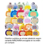 Juguete antiestrés electrónico pop de burbujas con luces y sonidos, diseño variado de personajes infantiles en colores surtidos.