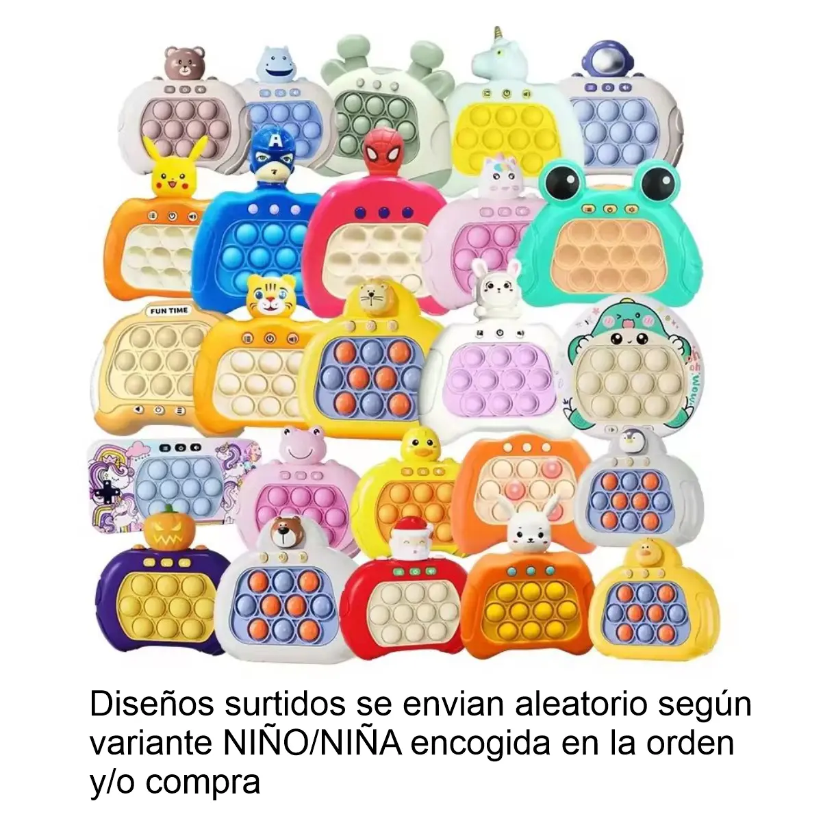Juguete antiestrés electrónico pop de burbujas con luces y sonidos, diseño variado de personajes infantiles en colores surtidos.