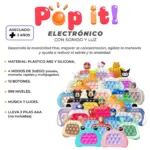 Juego antiestrés electrónico pop de burbujas en plástico y silicona con luces, sonidos y variedad de modelos infantiles.