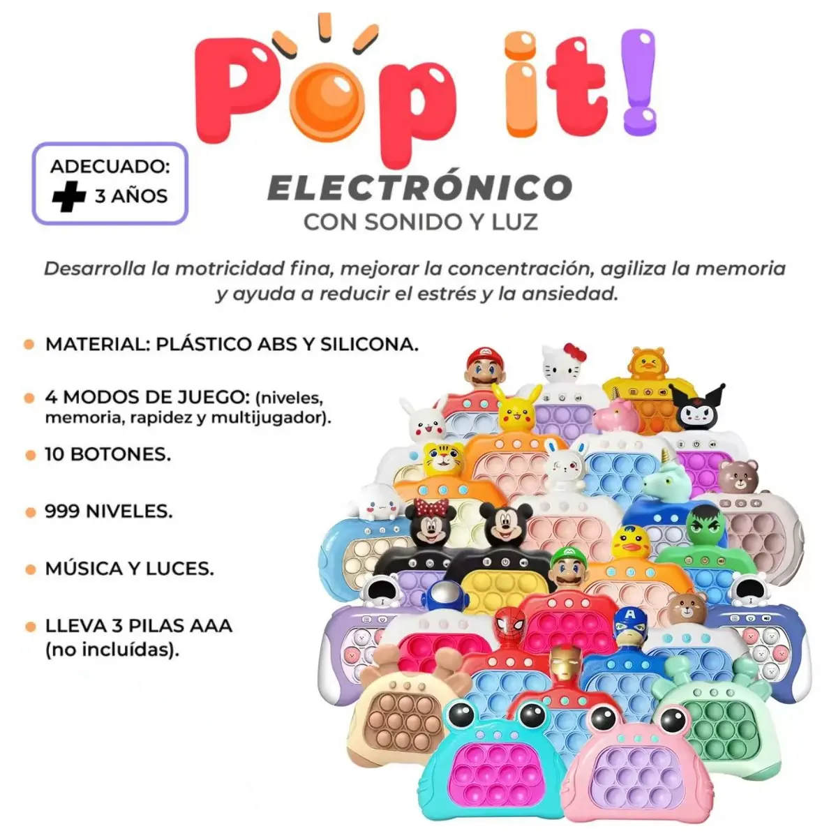 Juego antiestrés electrónico pop de burbujas en plástico y silicona con luces, sonidos y variedad de modelos infantiles.