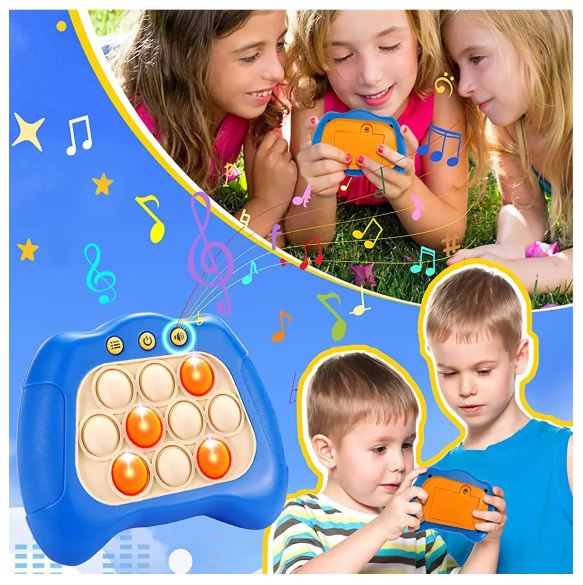 Juego antiestrés electrónico azul de burbujas luminosas con botones naranjas, usado por niños sonrientes en el parque y la casa.