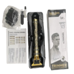 Kit de patillera T9 inalámbrica con grabados de dragón en negro y dorado, incluye caja, manual, peines guía y accesorios de limpieza.
