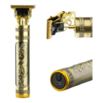 Patillera eléctrica T9 dorada con grabado de dragón, detalle del cabezal de titanio y base con botón de encendido y puerto de carga USB.