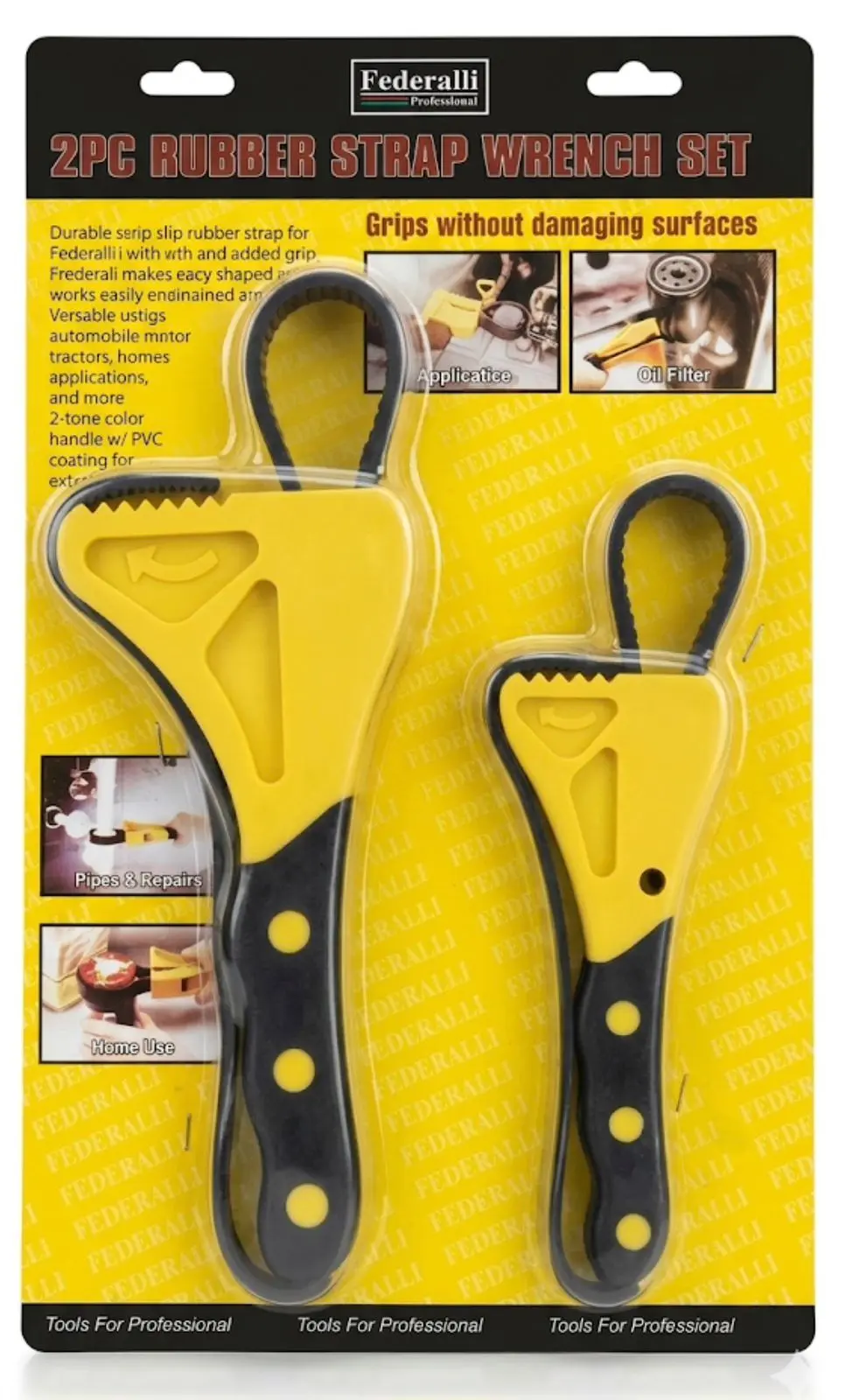 Set de dos llaves de correa de goma Federalli en amarillo y negro de distintos tamaños, para aflojar filtros sin rayar superficies delicadas.