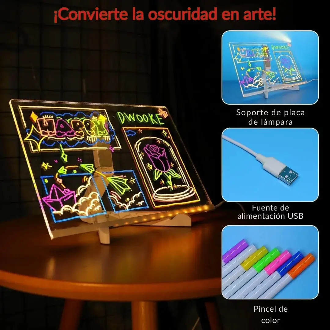 Tablero acrílico LED con dibujos de neón, base blanca, cable USB y marcadores de colores sobre mesa de madera.