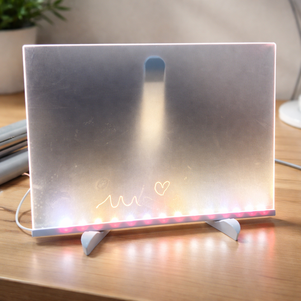 Tablero acrílico translúcido con base de luces LED rosadas y blancas, con un dibujo de corazón y ondas sobre un escritorio de madera.