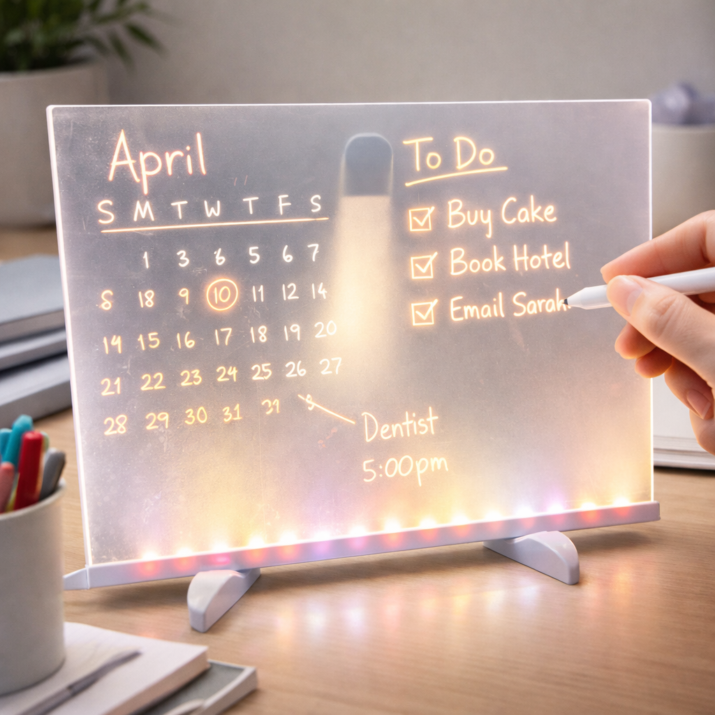 Tablero acrílico transparente con base de luces LED que ilumina un calendario y lista de tareas escrita a mano sobre un escritorio.