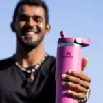 Termo Stanley fucsia de 30 oz con aislamiento térmico y pitillo, sostenido por un hombre sonriente al aire libre.