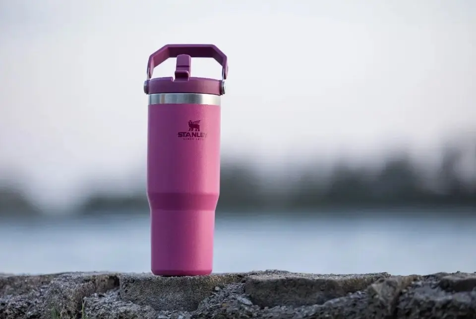 Termo Stanley fucsia de acero inoxidable con manija superior, posado sobre una superficie de piedra al aire libre.