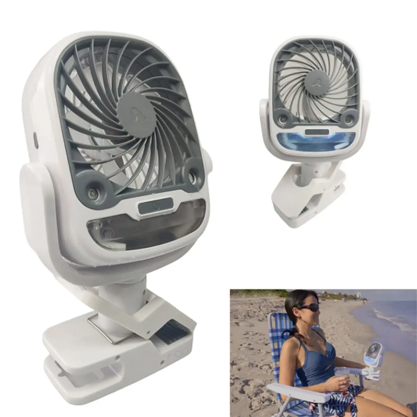 Mini ventilador portátil blanco y gris con pinza de sujeción, humidificador integrado, luces LED y uso en playa.