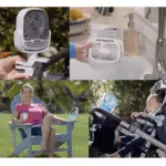 Mini ventilador blanco portátil con clip para sillas y cochecitos, con uso en exteriores y función de humidificador al llenarlo con agua.