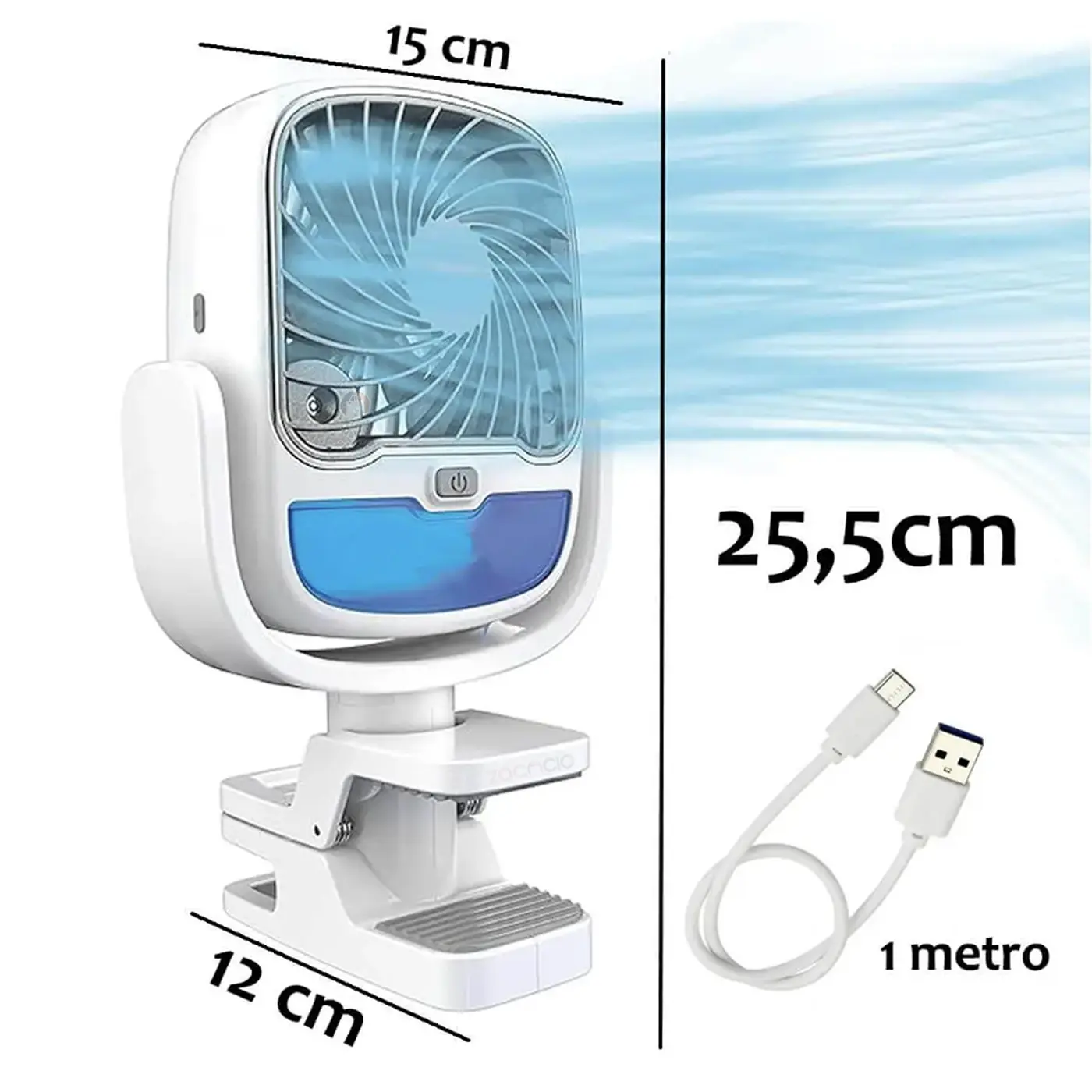 Mini ventilador difusor blanco con pinza, humidificador y luz LED, medidas de 15x25,5 cm y cable USB de 1 metro.