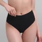 Panty moldeador negro de talle alto y alta sujeción que moldea el abdomen bajo, visto de frente en modelo.