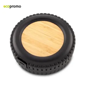 Estuche circular negro con tapa de bambú natural y bordes antideslizantes texturizados, ideal para kit de herramientas compacto.