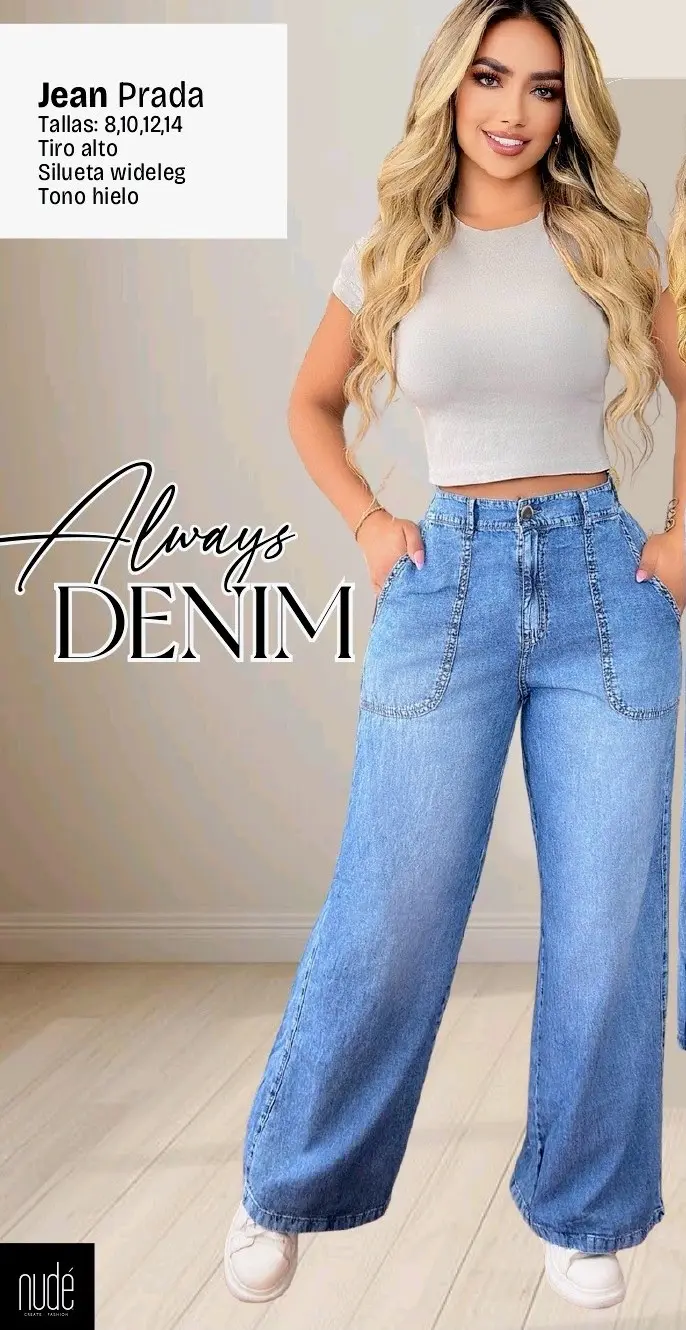 Jean wide leg azul hielo tiro alto con bolsillos frontales, silueta amplia y moderna para mujer