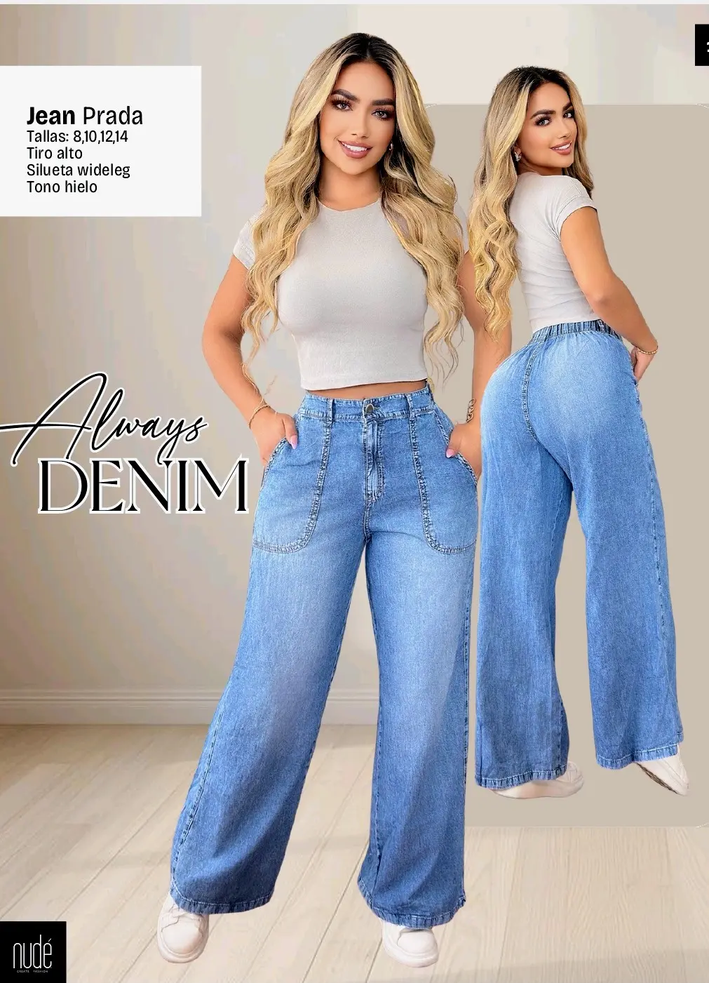 Jean Prada de tiro alto en tono hielo, silueta wide leg con bolsillos frontales de parche, lucido de frente y de espaldas con blusa gris y tenis blancos.