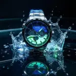 Reloj de pulsera para hombre analógico y digital metálico con esfera azul y verde, sumergido en salpicadura de agua.