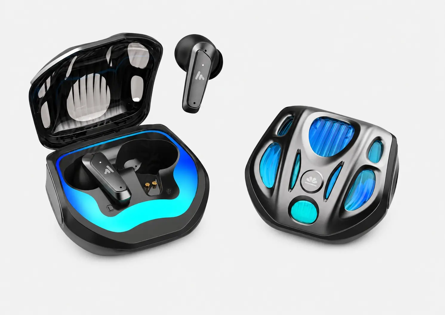 Audífonos gamer inalámbricos negros con estuche de carga futurista, luces LED azules y diseño ergonómico de baja latencia.