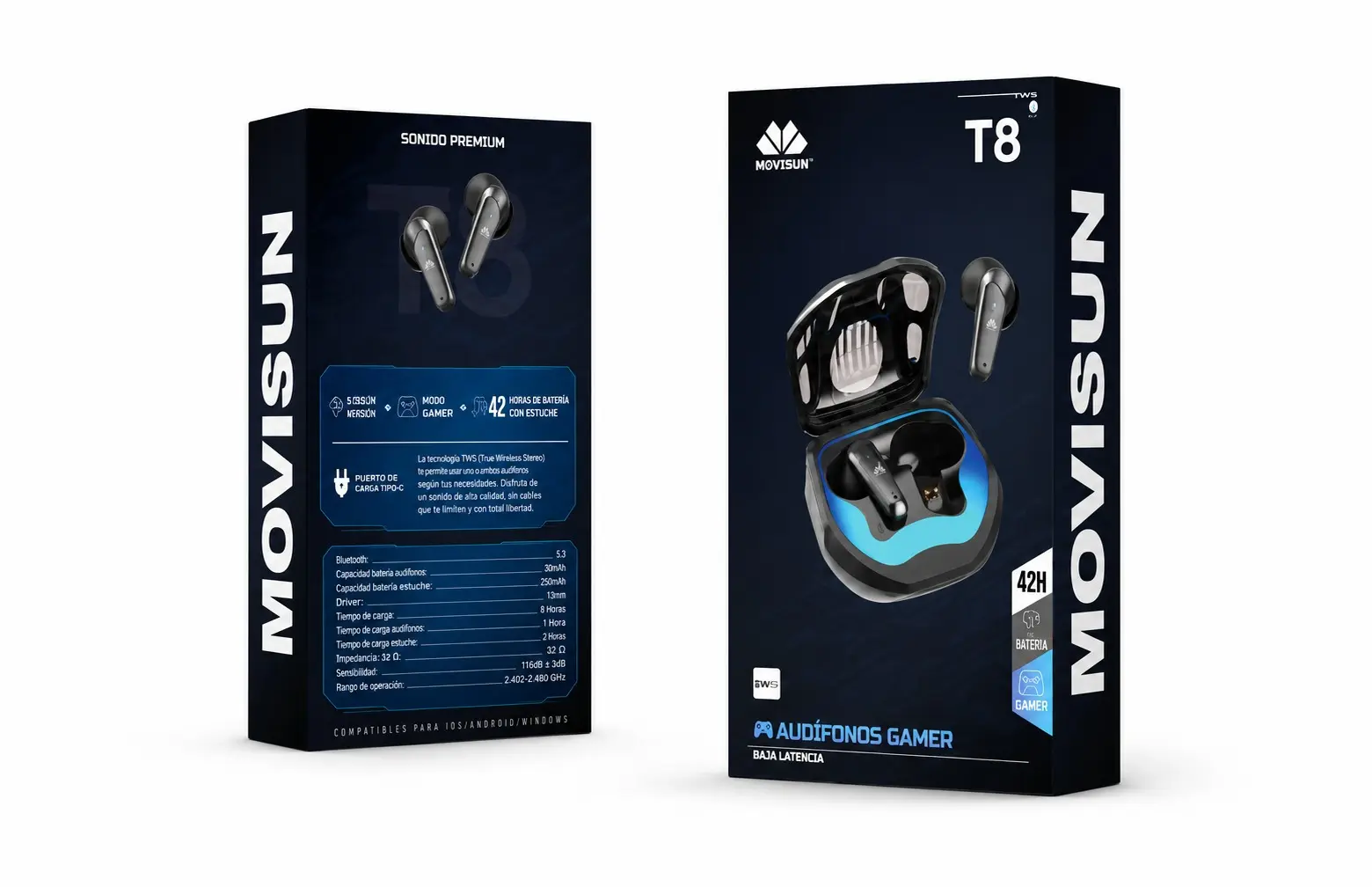 Dos cajas negras de audífonos gamer inalámbricos Movisun T8, mostrando el estuche de carga abierto con luz azul, un auricular y las especificaciones técnicas impresas.
