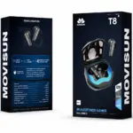 Caja de audífonos gamer inalámbricos Movisun T8 color negro con estuche de carga abierto y estuche trasero exhibiendo especificaciones técnicas.