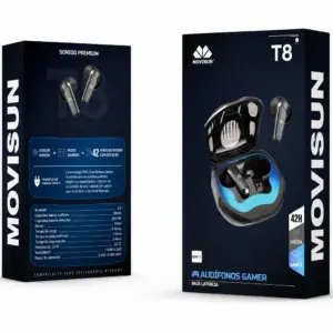 Caja de audífonos gamer inalámbricos Movisun T8 color negro con estuche de carga abierto y estuche trasero exhibiendo especificaciones técnicas.