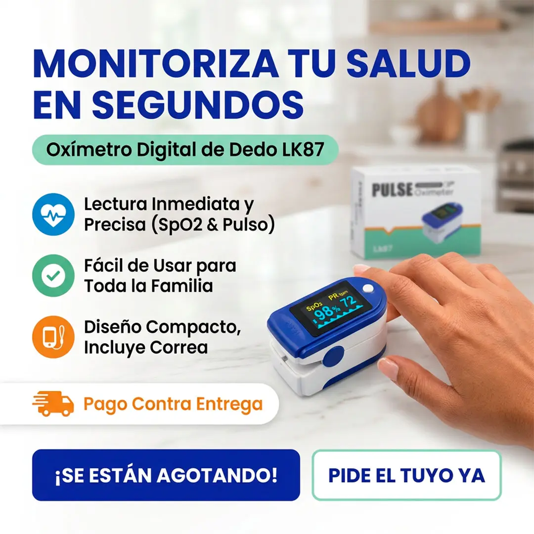 Oxímetro digital de dedo LK87 azul y blanco en uso, con pantalla LED activa y empaque al fondo sobre superficie de mármol blanca.