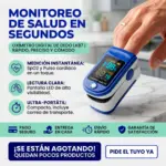 Oxímetro de pulso digital LK87 azul y blanco con pantalla LED que muestra saturación de oxígeno y frecuencia cardíaca, usado en un dedo.