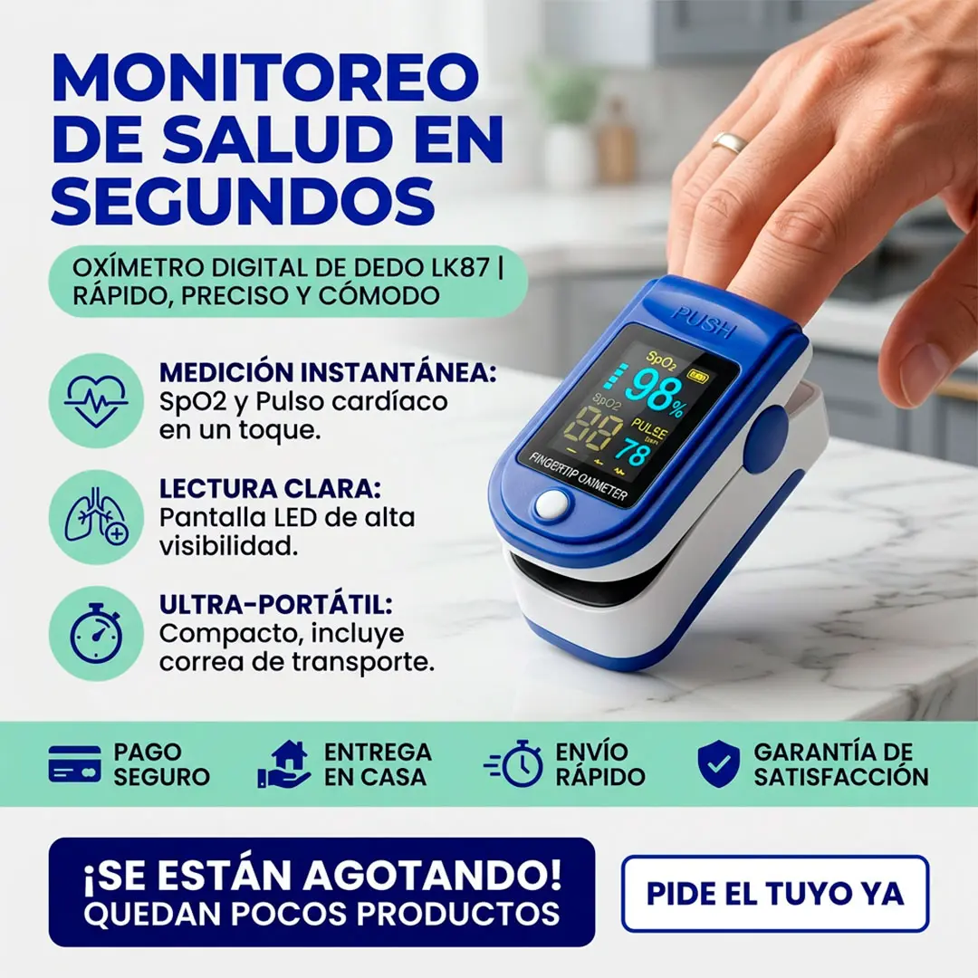 Oxímetro de pulso digital LK87 azul y blanco con pantalla LED que muestra saturación de oxígeno y frecuencia cardíaca, usado en un dedo.