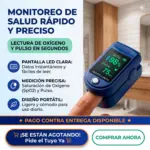 Oxímetro de pulso digital azul en un dedo, con pantalla LED verde que marca 98% de saturación de oxígeno y 75 pulsaciones por minuto.