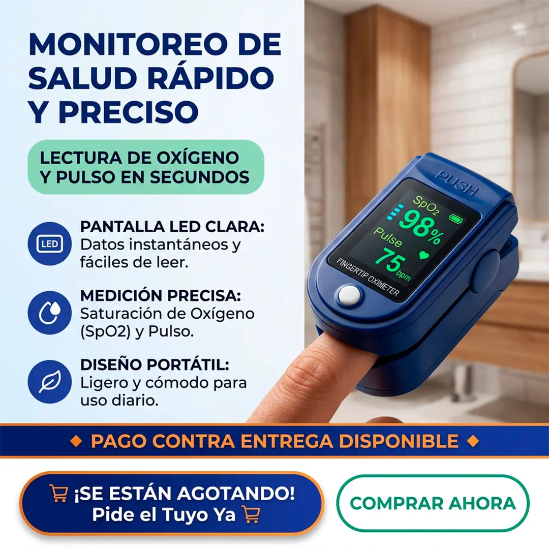 Oxímetro de pulso digital azul en un dedo, con pantalla LED verde que marca 98% de saturación de oxígeno y 75 pulsaciones por minuto.