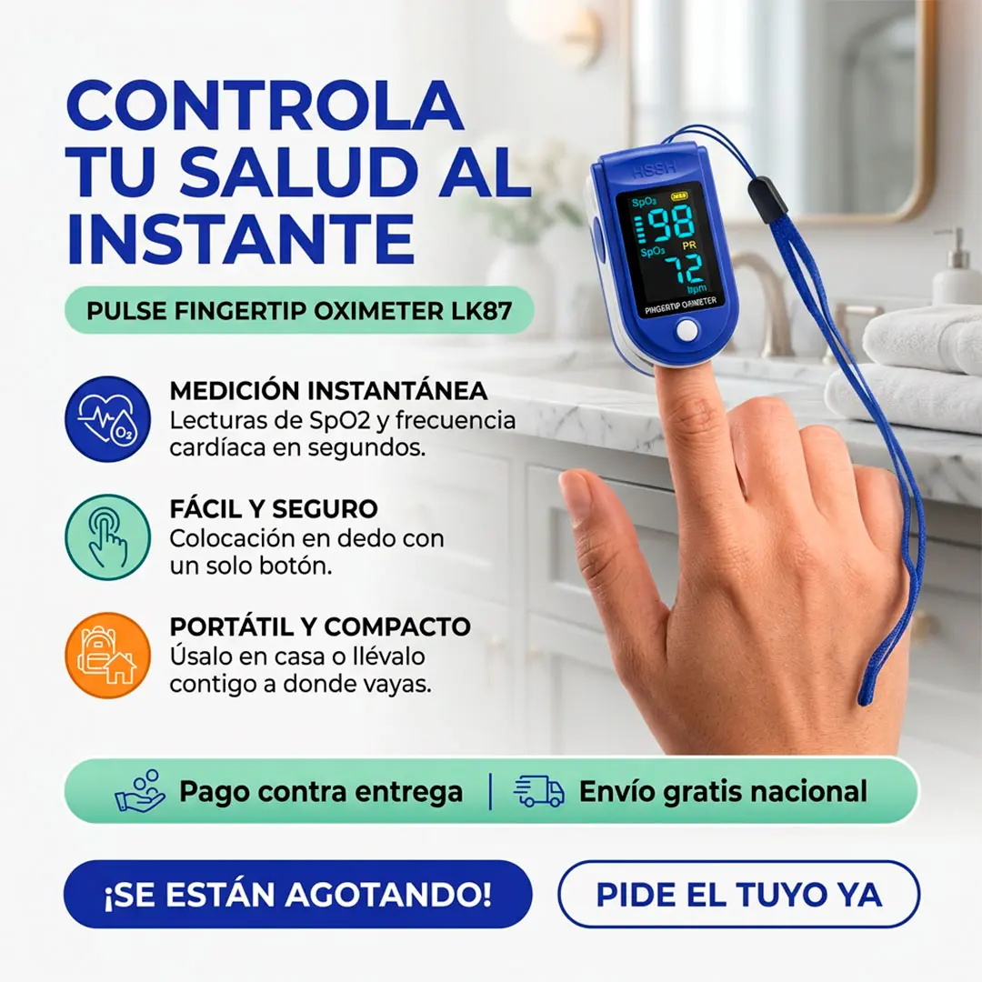 Oxímetro de pulso digital azul LK87 en el dedo, con pantalla LED que muestra 98% de SpO2 y 72 BPM en un ambiente de baño iluminado.